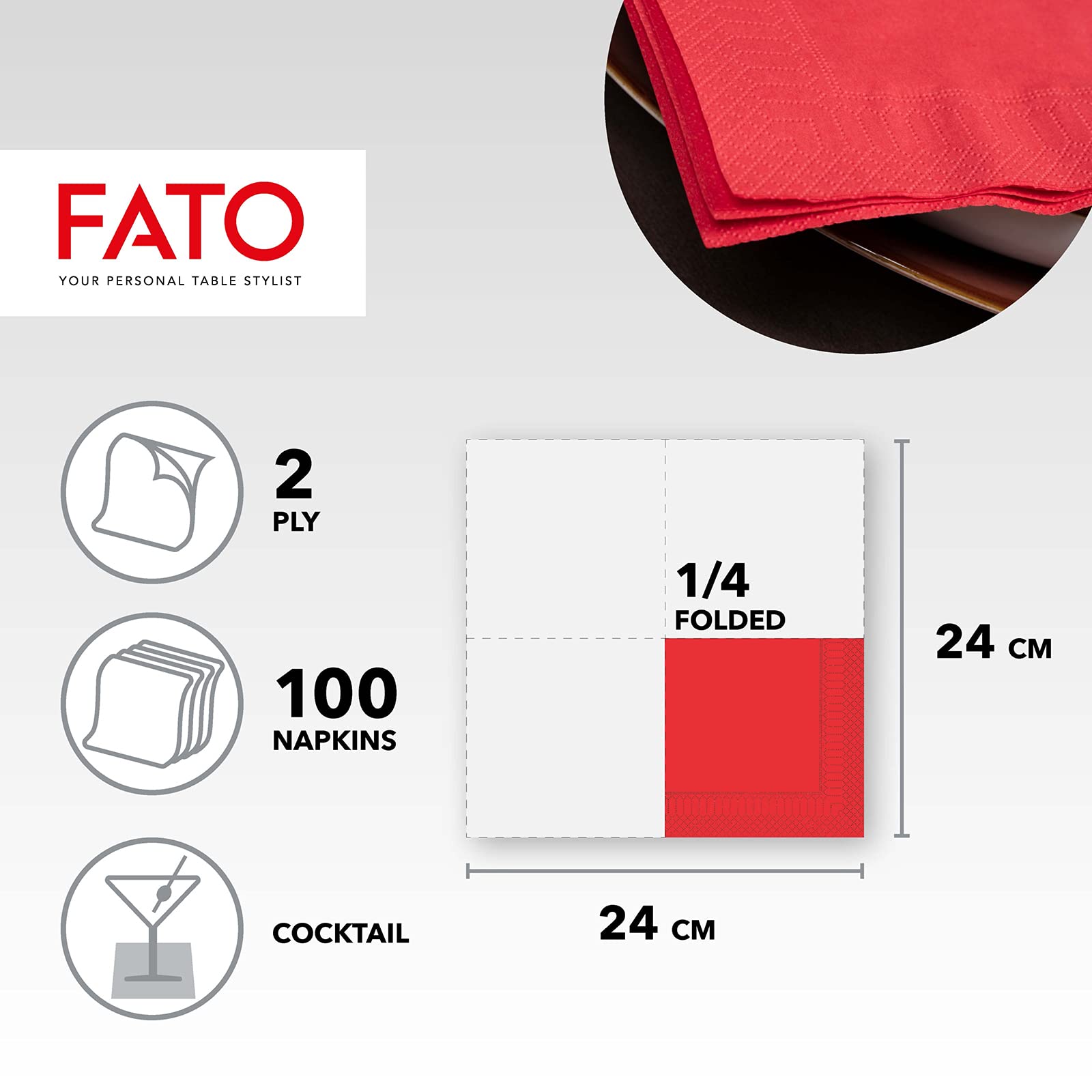 Fato Red 24x24 cm 2-Ply Disposable Paper Napkins, Pack of 100 for Aperitifs and Cocktails