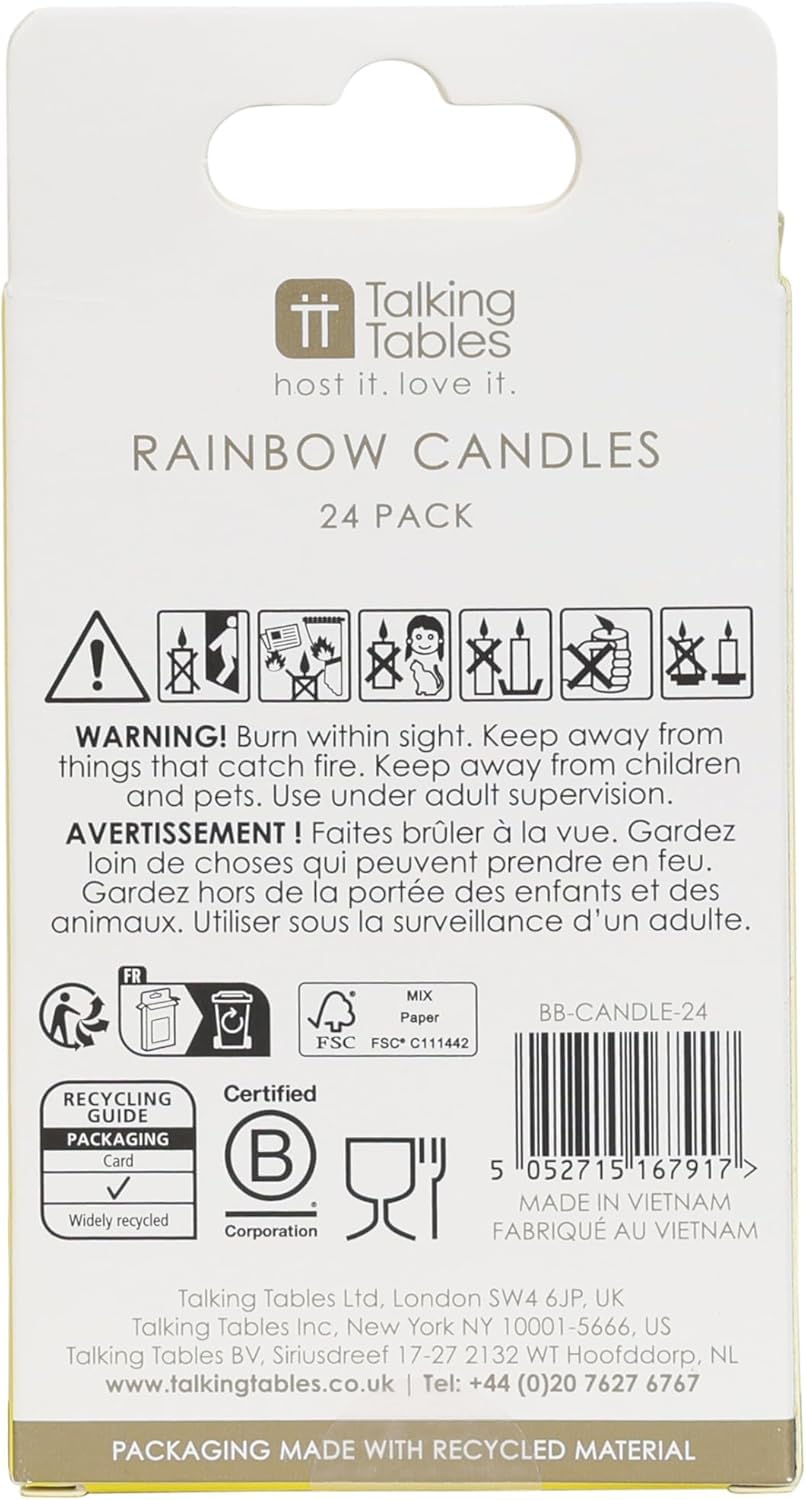 Talking Tables 24 Pack Rainbow Birthday Candles - 6cm Slim Wax Cake Topper | Clean Burn 5