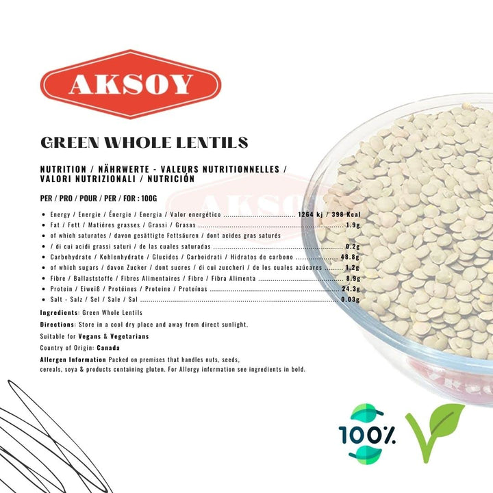 Aksoy Green Whole Lentils 1KG – High Protein, Fiber-Rich Pulses for Salads and Curries