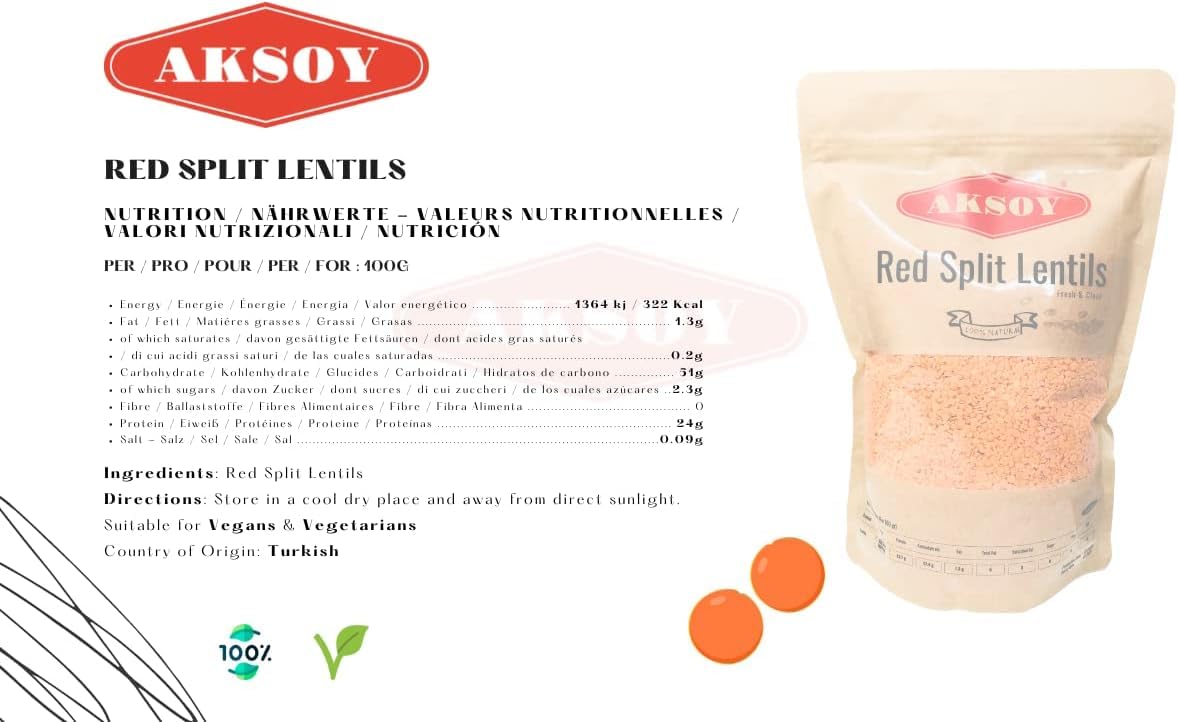 AKSOY Red Split Lentils - 1kg Pack | High Protein | Vegan & Vegetarian Friendly