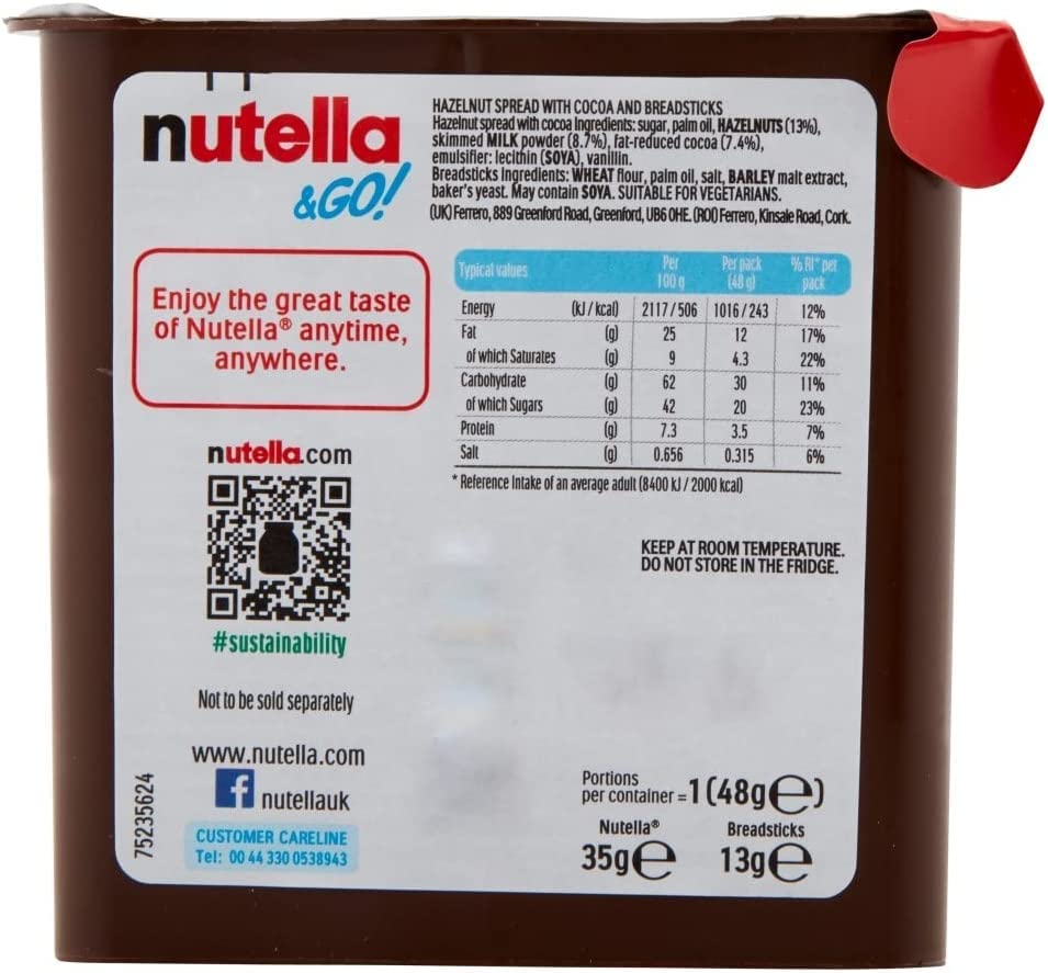 Nutella &Go! Hazelnut Snack Kit, Portable Chocolate & Breadstick Snack Pack, 12 Count