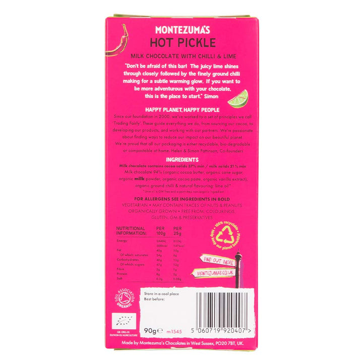 Montezuma - Hot Pickle 37% Cocoa Milk Chocolate with Chilli & Lime, Organic Gluten-Free Bar (90g)