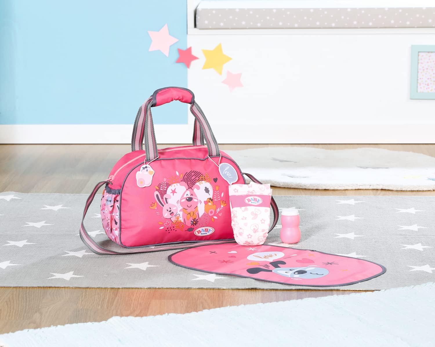 BABY born Doll Changing Bag - Pink Shoulder Bag with Changing Mat, Lotion Bottle & Nappy 5