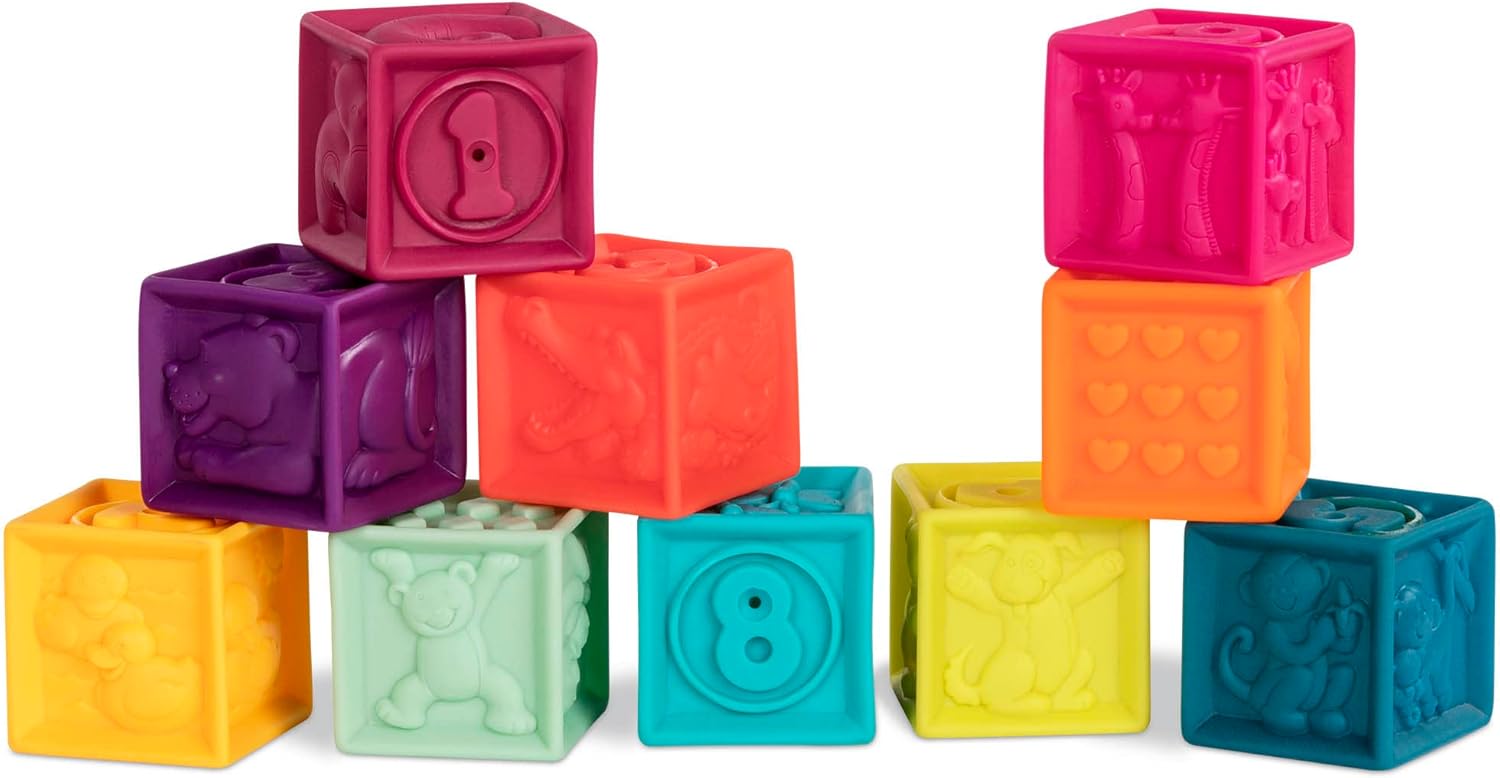 B. toys One Two Squeeze™ 10 Soft Squeezable Baby Blocks - Stacking & Learning Toy for 6+ Months