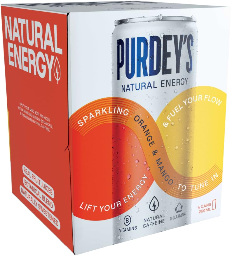 Purdey's Natural Energy Orange & Mango Juice - 250ml Can (Pack of 4) | Natural Caffeine & B Vitamins 8