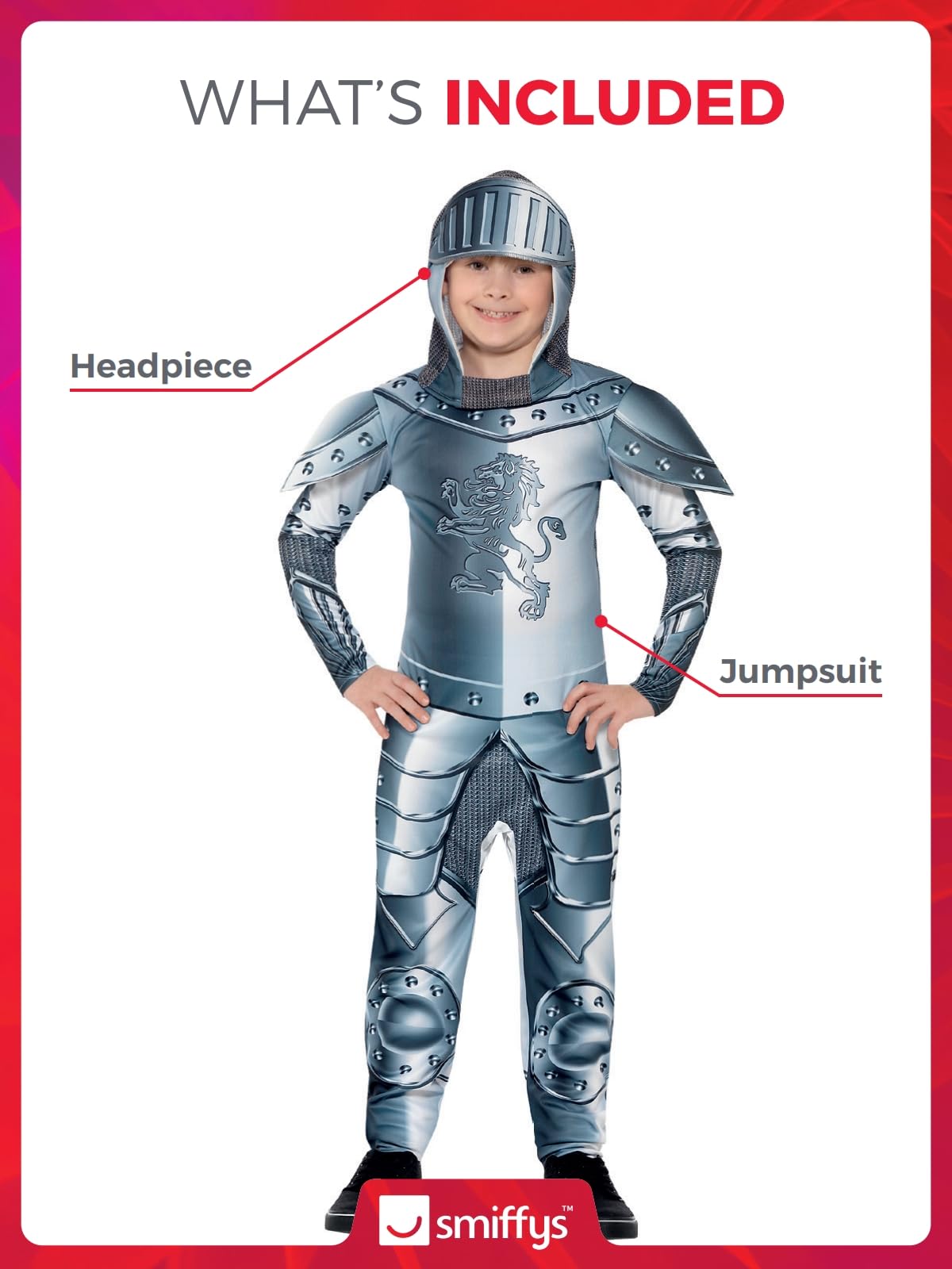 Smiffys Deluxe Armoured Knight Costume - Grey Jumpsuit & Headpiece, Digital Print, Ages 4-6