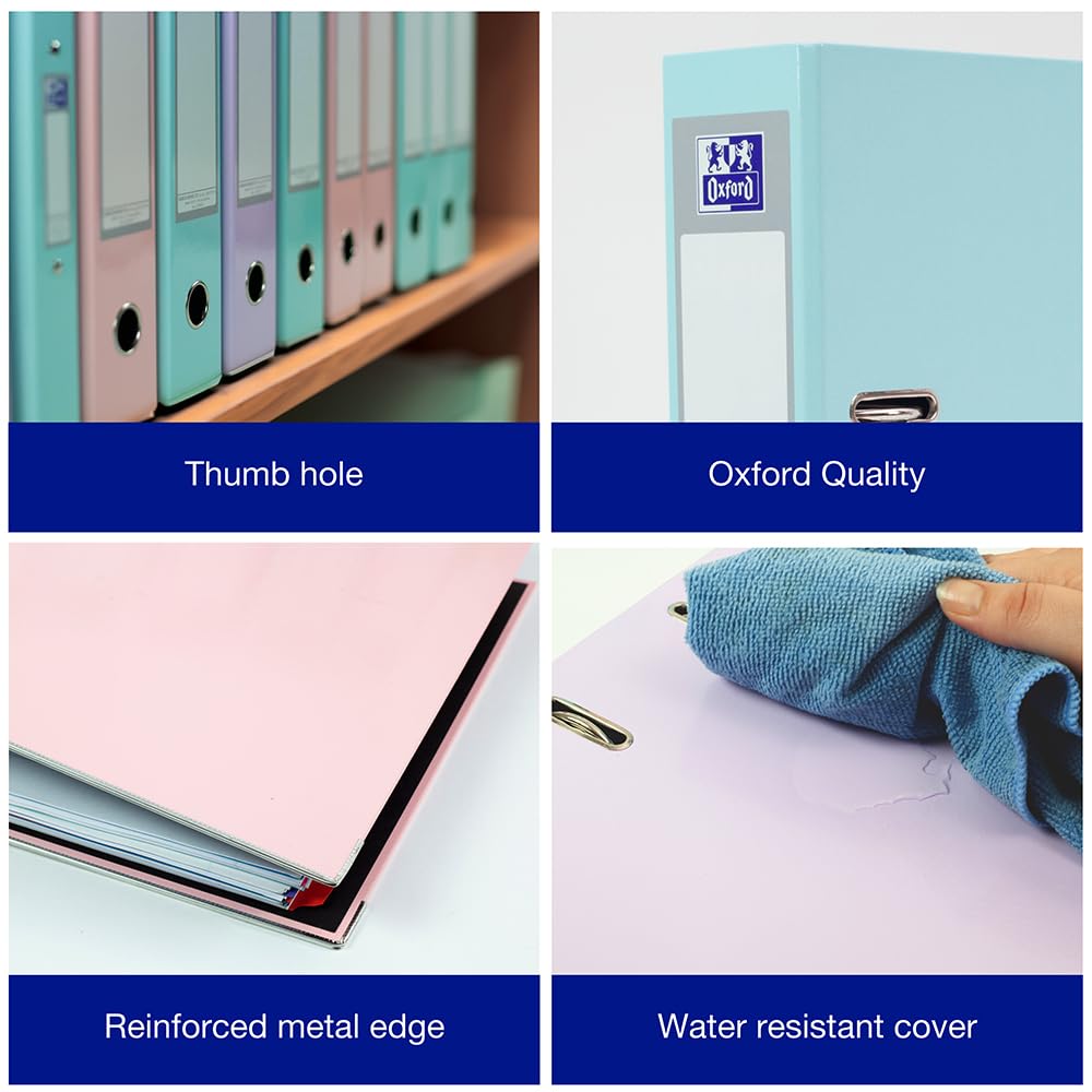 Oxford A4 Lever Arch Files - Pastel Colours Pack of 3 | 70mm Spine | 560 Sheet Capacity