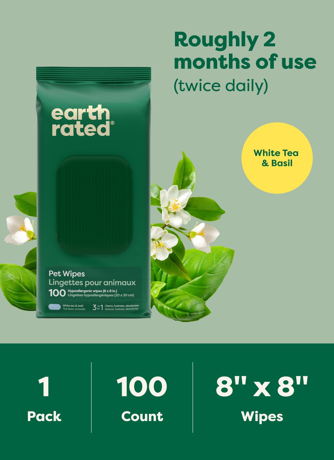 Earth Rated Pet Wipes for Dogs and Cats - Hypoallergenic, 3-in-1 Cleaning, White Tea & Basil Scent, 100 Count 8