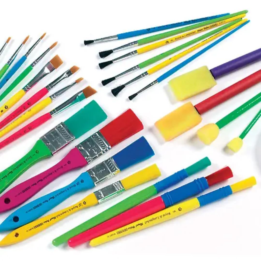 Baker Ross Kids Paint Brush Set - 25 Piece Assorted Sizes with Foam Dabbers