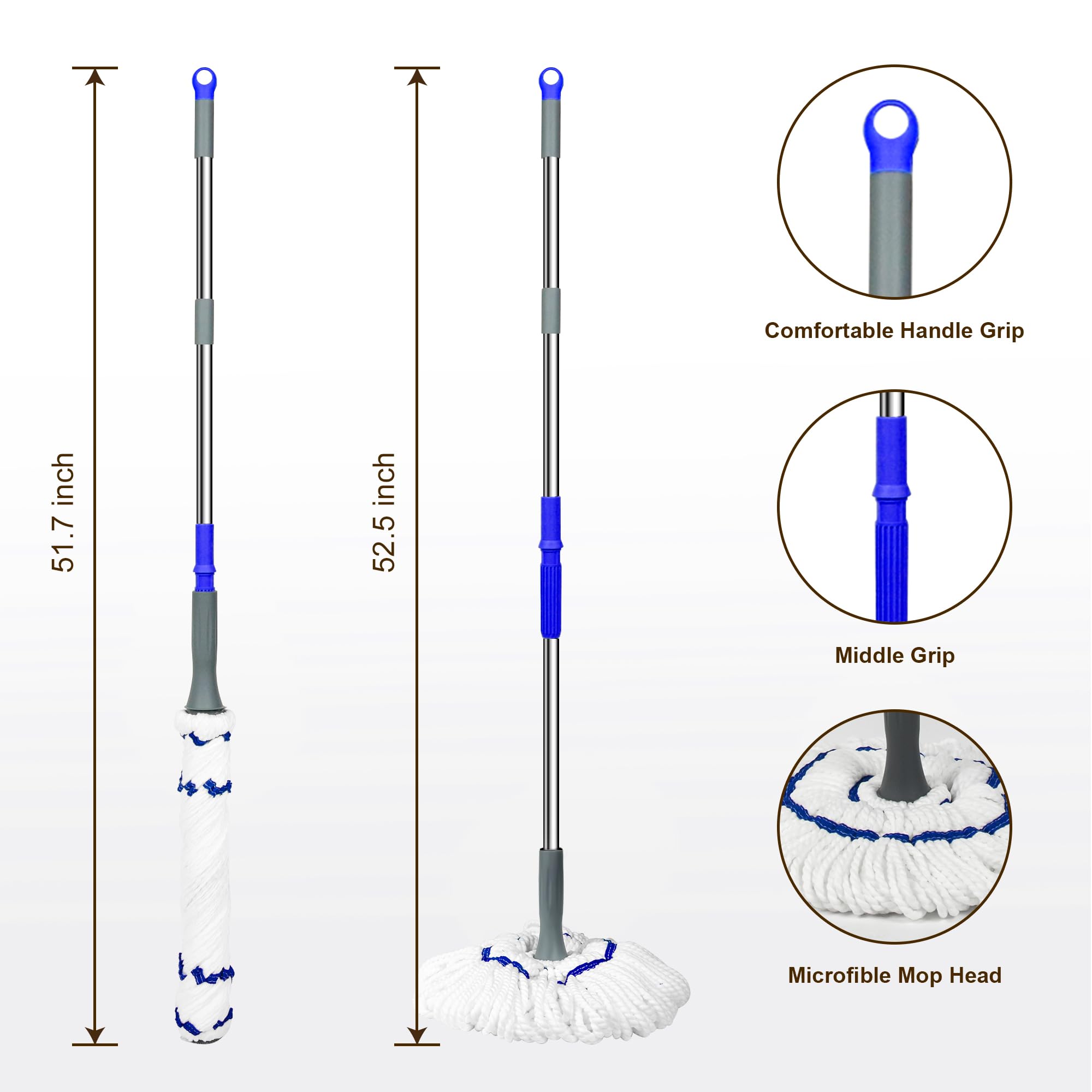 kickleen Self Wringing Flat Mop - 52.5 Inch Handle, Washable Microfiber Head, Heavy Duty Floor Cleaner 3