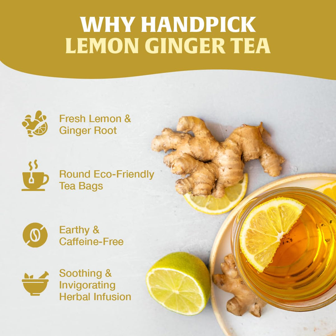 HANDPICK Lemon Ginger Tea Bags (100 Count) | Herbal Tea with Lemon, Ginger, Lemongrass & Licorice | Eco-Conscious Round Tea Bags for Hot or Cold Brew