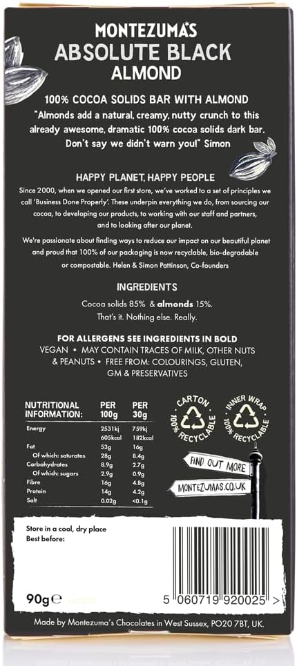 Montezuma - Absolute Black 100% Cocoa Dark Chocolate with Almonds 90g Bar
