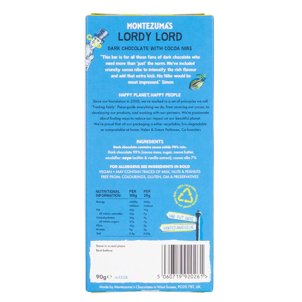 Montezuma - Lordy Lord 70% Cocoa Dark Chocolate Bar with Cocoa Nibs, Vegan & Gluten-Free, 90g