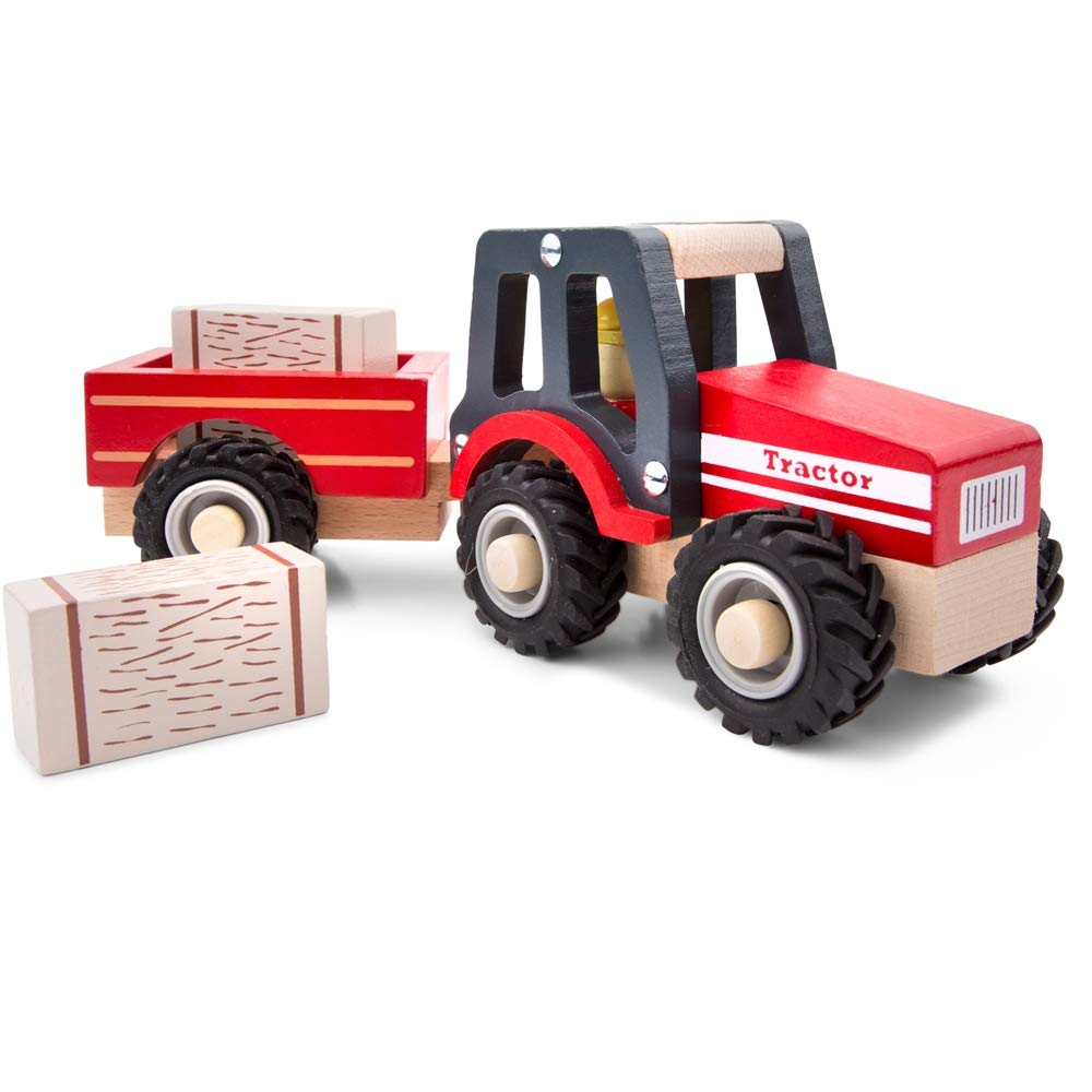 New Classic Toys Wooden Tractor with Trailer and Hay Stacks - Educational Farm Vehicle for Toddlers 18 Months+ 11