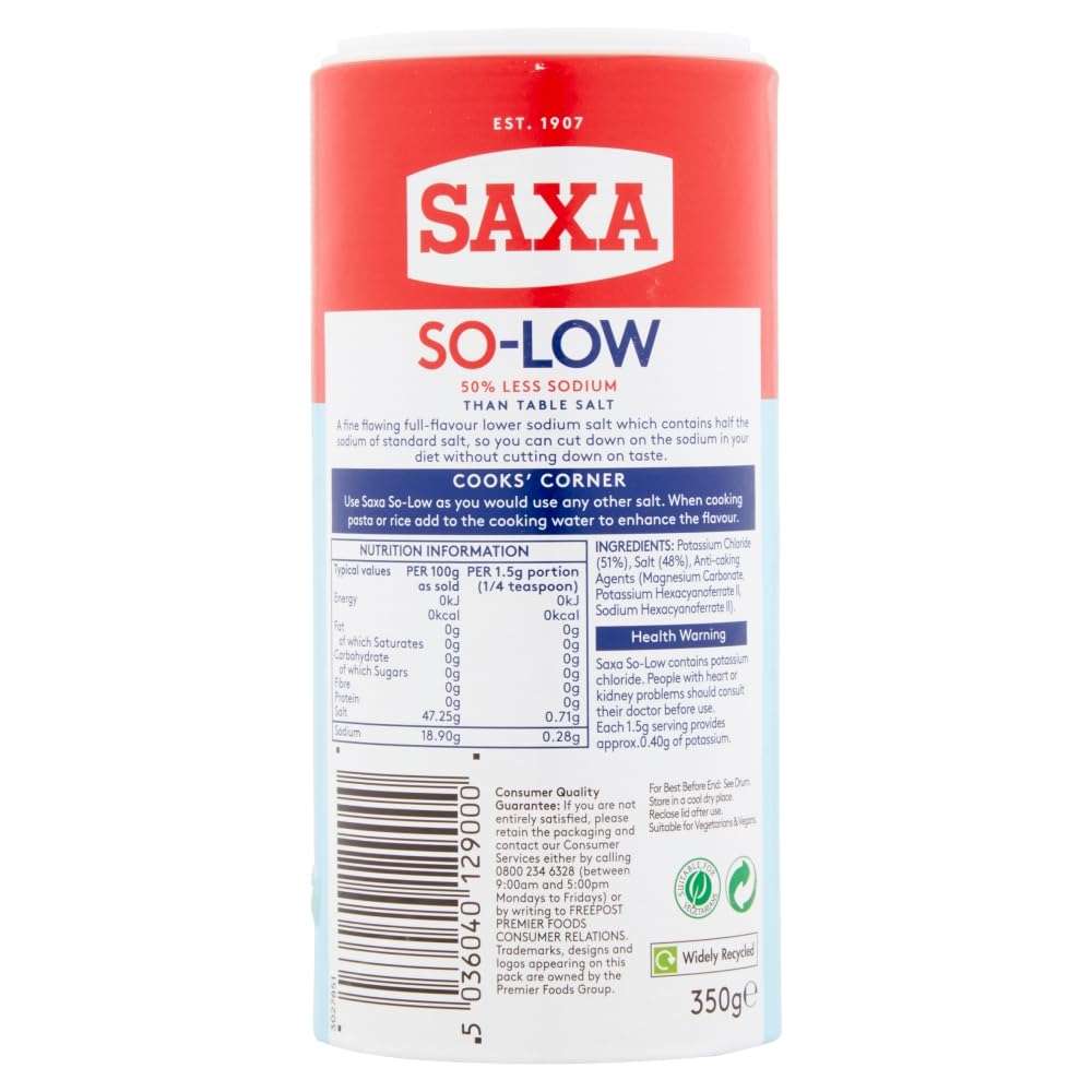 Saxa So-Low Reduced Sodium Salt - 30% Less Sodium | Fine Texture | 350g Drum 3