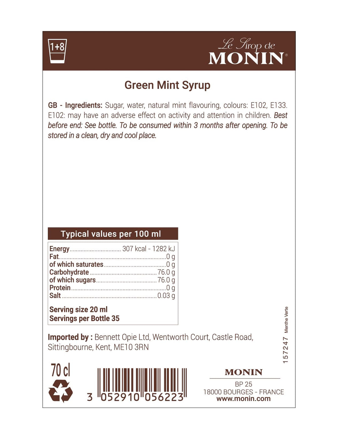 MONIN Green Mint Syrup 700ml - Vegan, Allergen-Free, Natural Flavouring for Cocktails, Mocktails & Drinks
