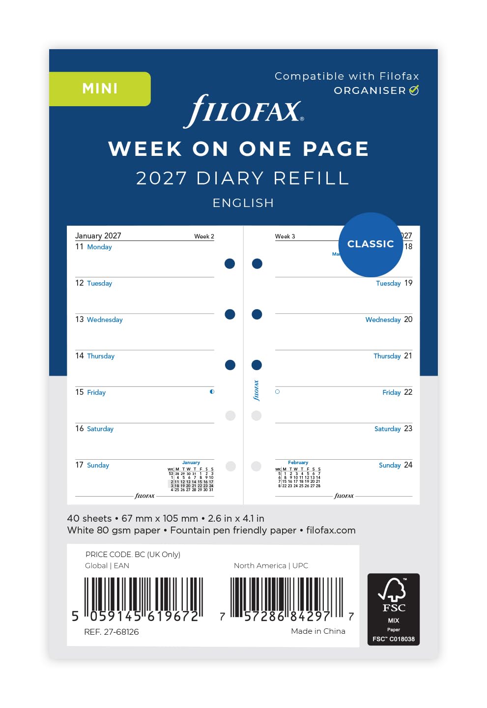 Filofax Mini 2027 Diary Refill - Week Per Page | 67mm x 105mm | 27-68126 1