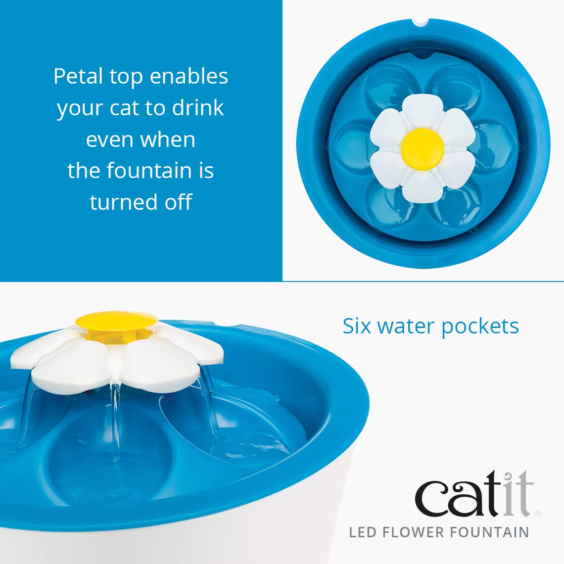 Catit Flower Water Fountain 43747W with LED Nightlight | Triple Action Filtration