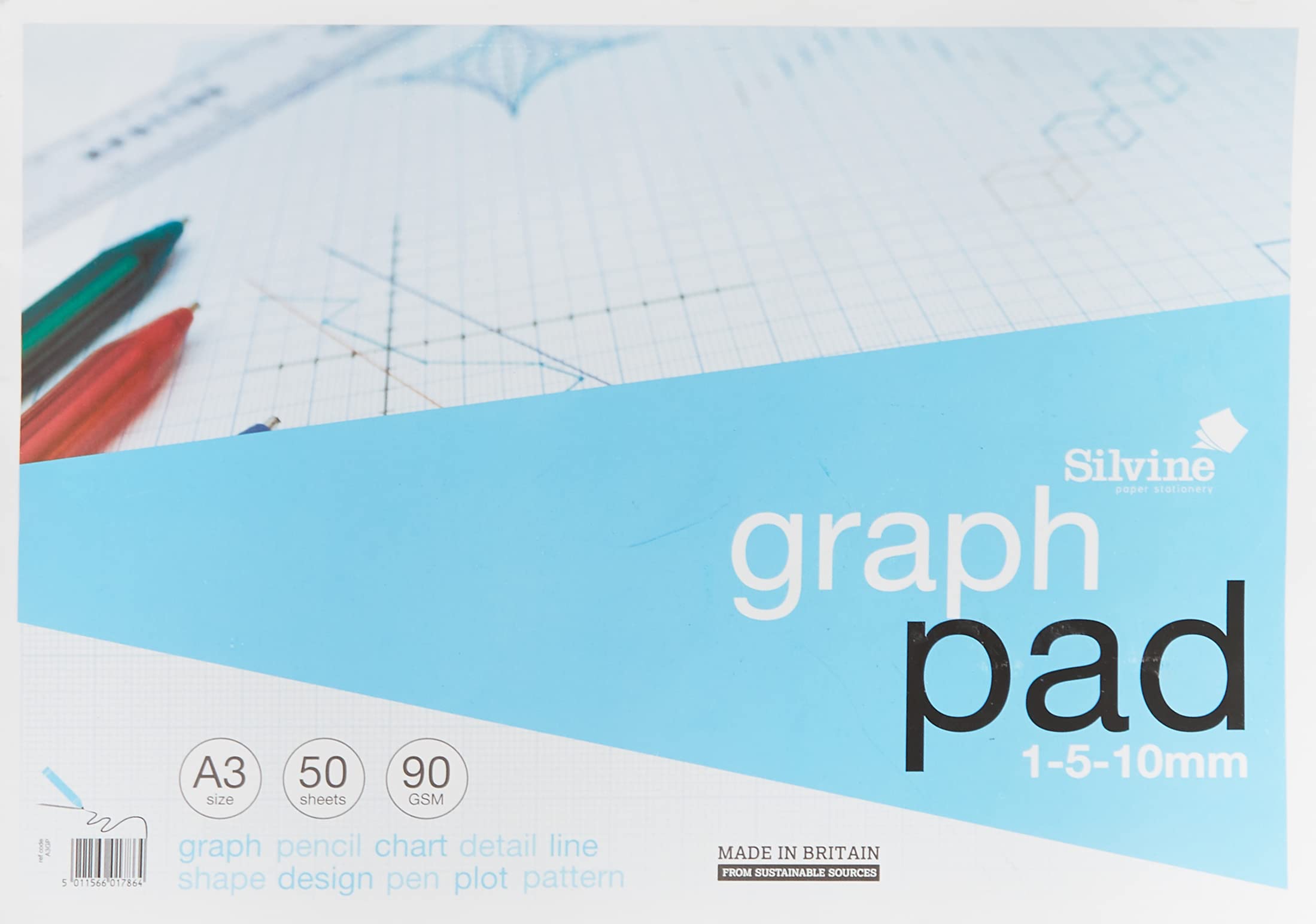 Silvine A3 Graph Pad - 50 Sheets, 90gsm Quality Paper, 1-5-10mm Grid | Blue