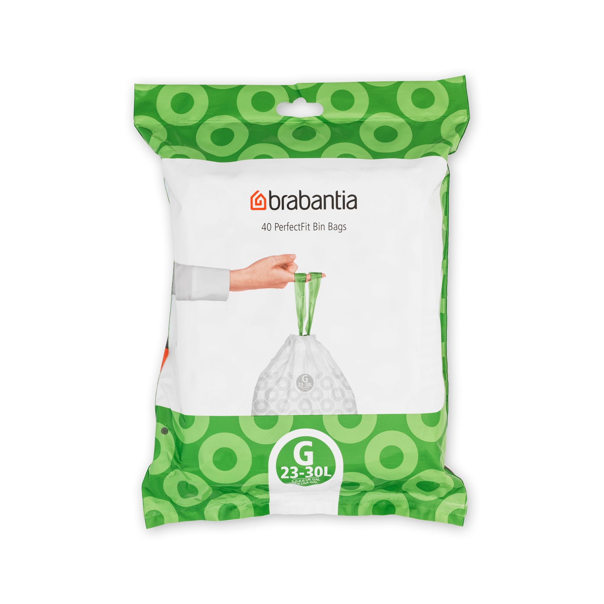 Brabantia PerfectFit Bin Liners - Tear-Resistant Plastic Bags with Tie Tape Drawstring, Code G (23-30L), 40 Count