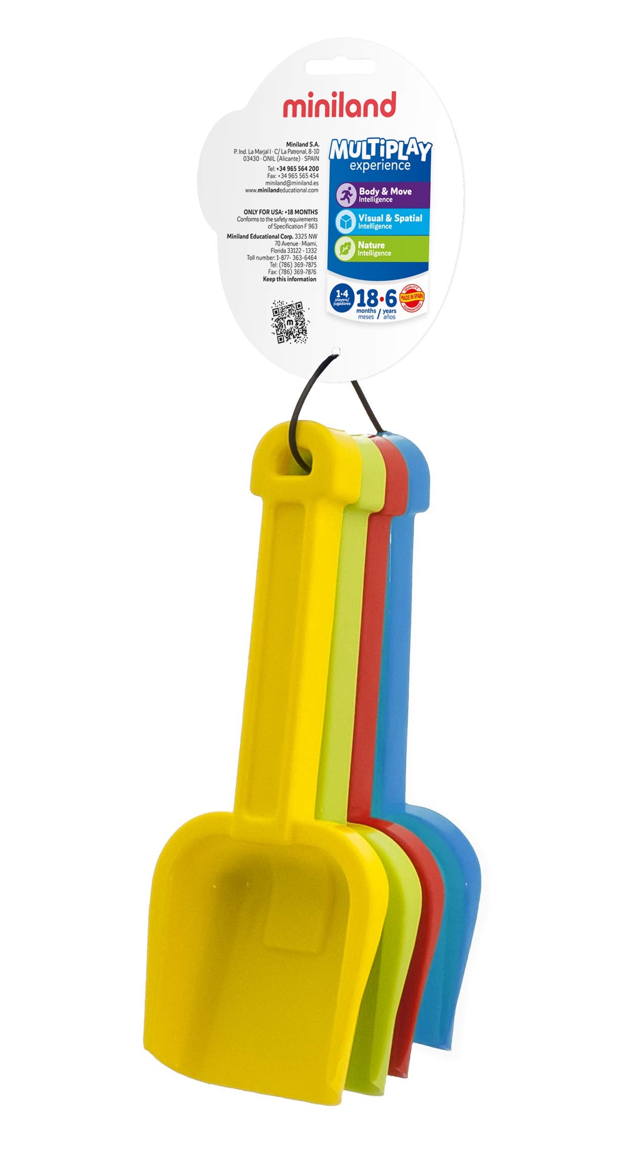 Miniland Special Assorted Spades Set - Flexible Plastic Beach & Snow Toy | 4 Pieces | 24 cm