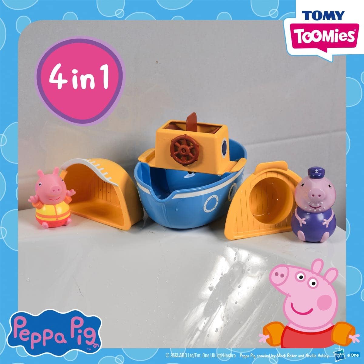 TOMY E73414 Toomies Grandpa Pig’s Splash & Pour Boat - 4 Pc Bath Time Playset