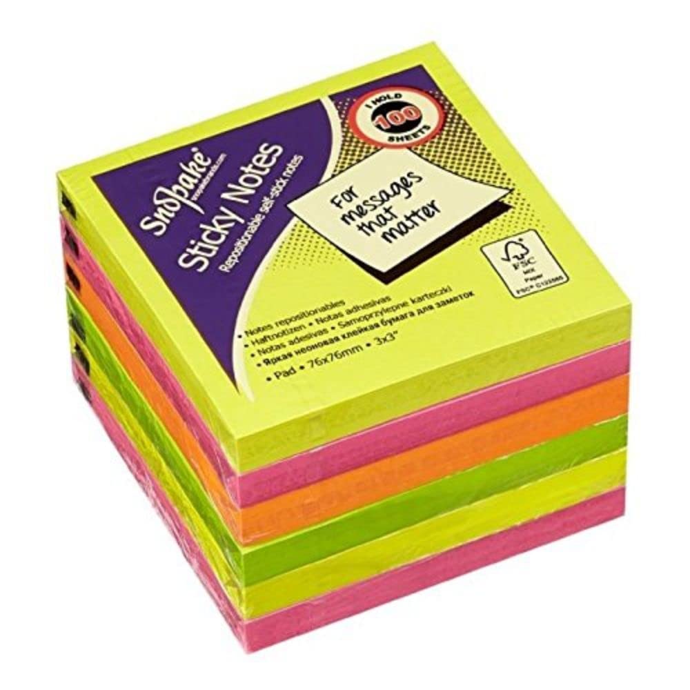 Snopake Neon Assorted Sticky Notes, 100 Sheets per Pad 13527, 76 x 76 mm (P 1