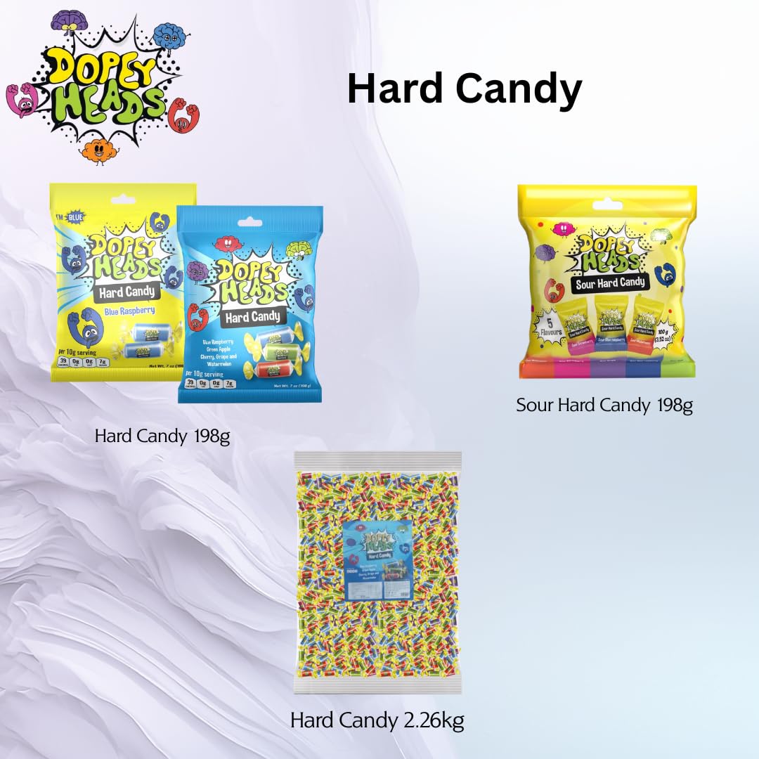 Dopey Heads Assorted Hard Candy - 5 Flavours, Blue Raspberry Focus | HALAL | 198g Bag 5