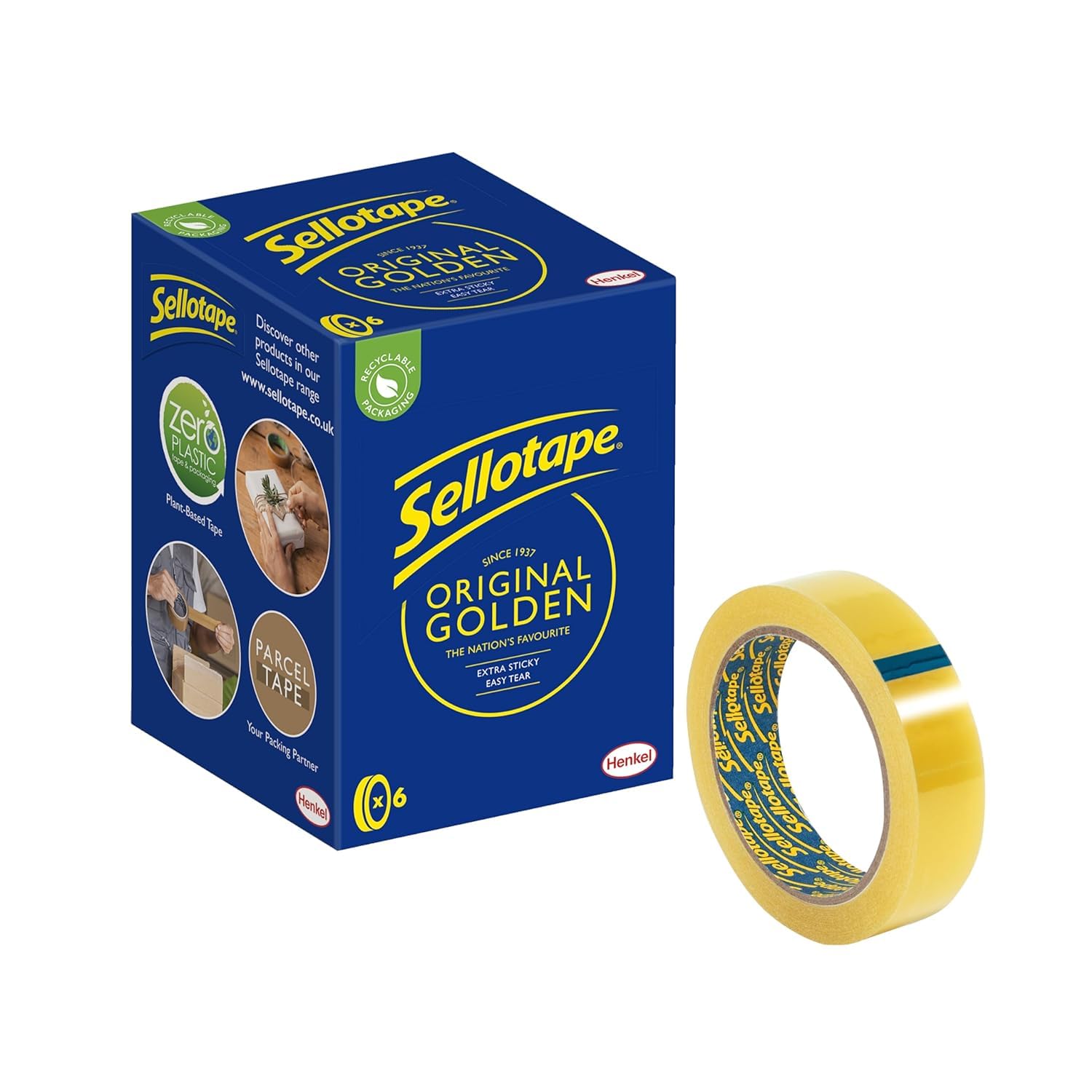 Sellotape Original Golden Transparent Tape - Extra Sticky, Easy Tear | Pack of 6 x 24mm x 66m