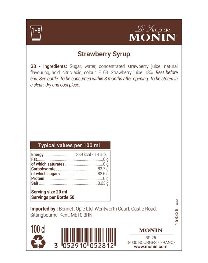 Monin Strawberry Syrup 1L - Premium Beverage Syrup for Cocktails, Mocktails & Milkshakes