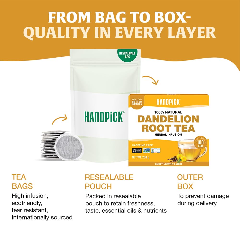 HANDPICK Dandelion Root & Leaf Tea Bags (100 Herbal Tea Bags) Caffeine-Free 6