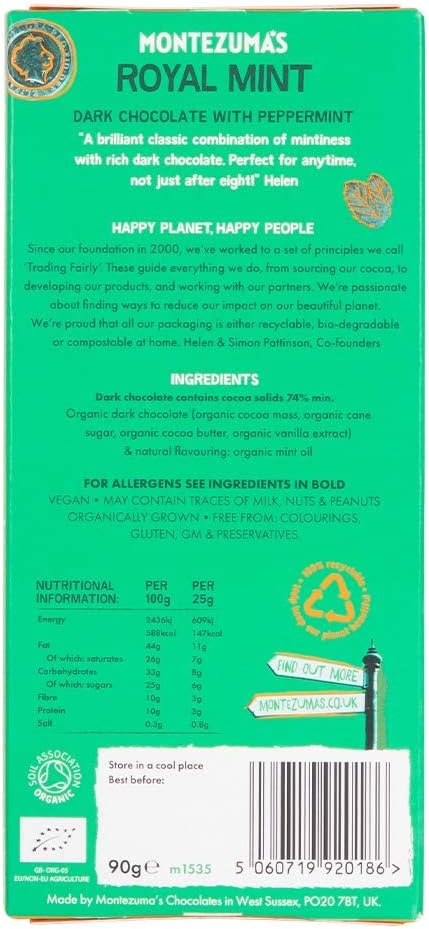 Montezuma - Royal Mint 74% Cocoa Dark Chocolate Bar, Organic Vegan Gluten-Free 90g