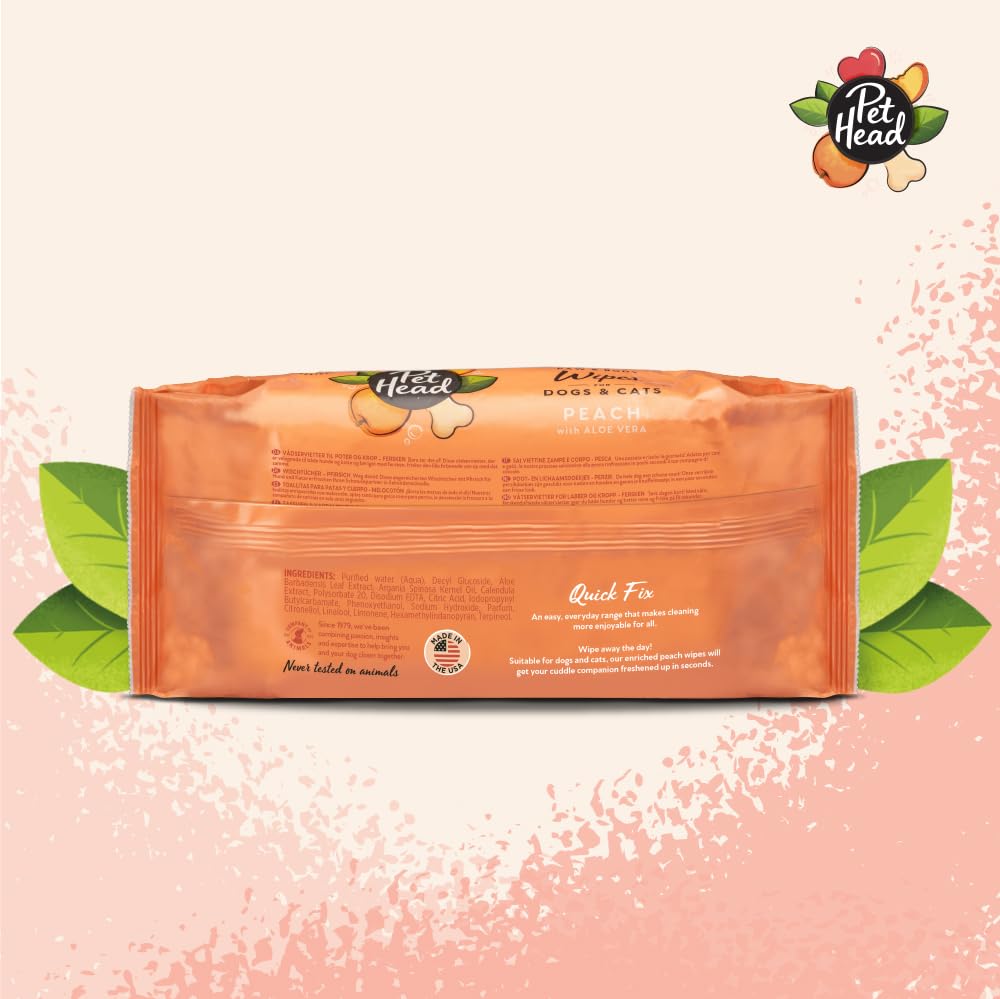 Pet Head Quick Fix Paw and Body Wipes for Cats and Dogs - 100 Wipes | Peach Scent