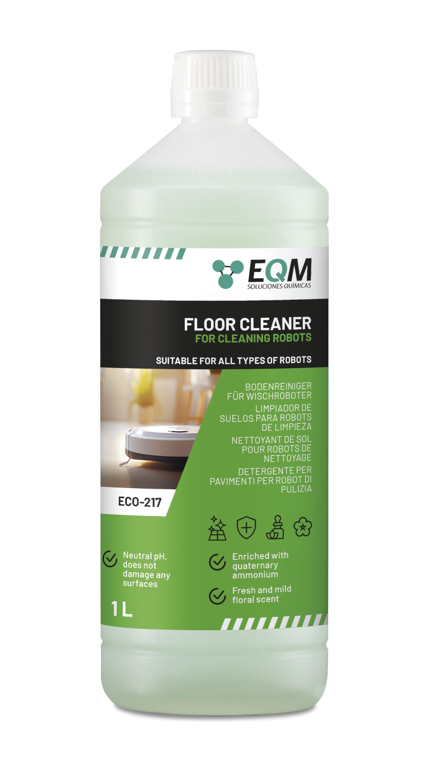 EQM SOLUCIONES QUIMICAS ECO-217 Floor Cleaner for Wiping Robots | 1L | Neutral pH | Floral Scent 1