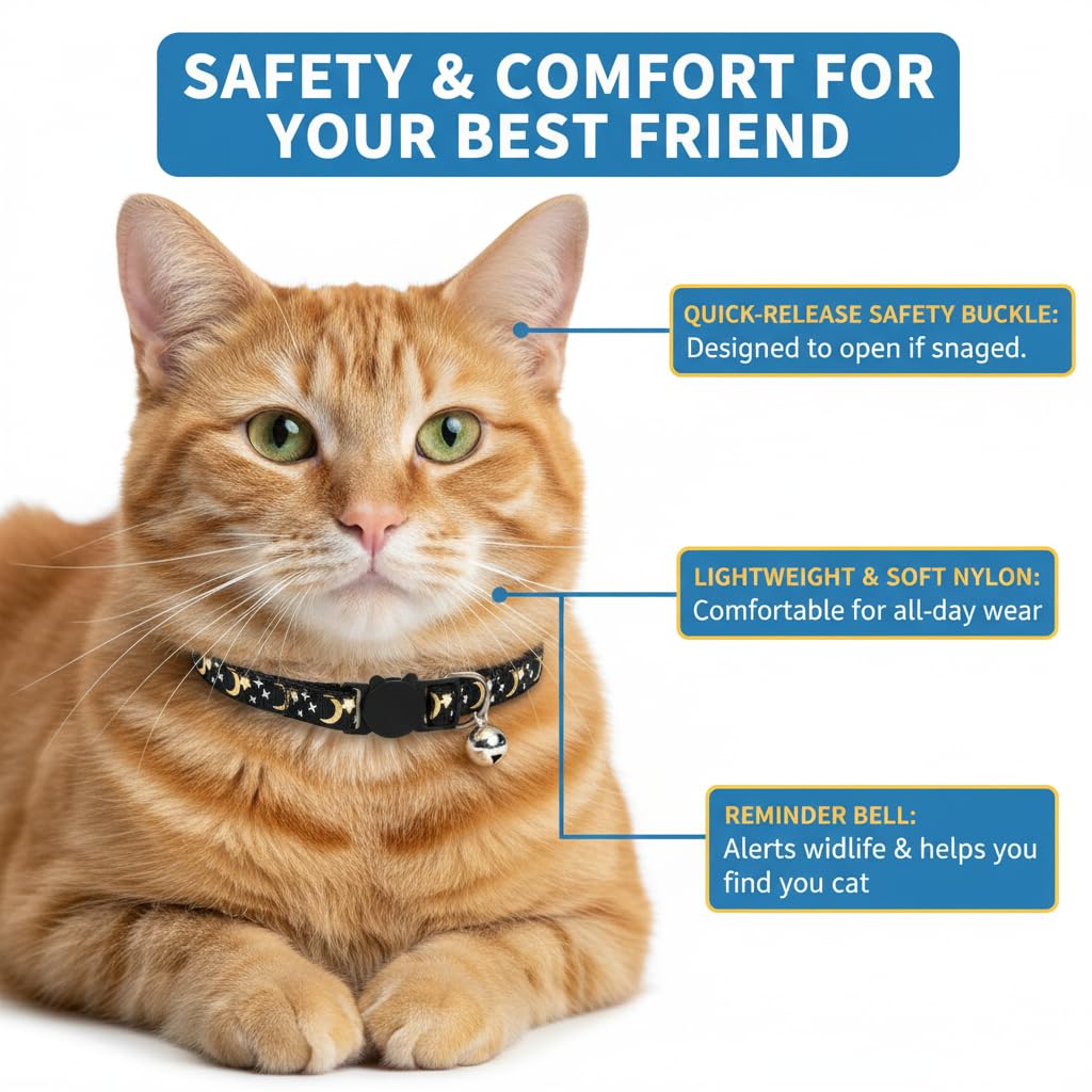 Muexoee Reflective Adjustable Cat Collar with Bell - Moon Star Print, Black, 2 Pack 4