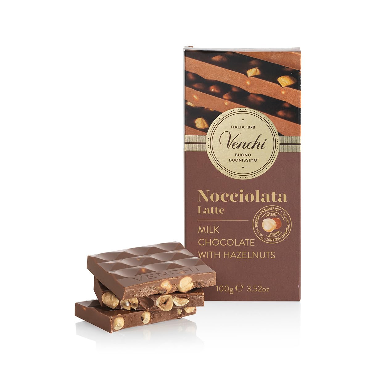 Venchi Milk Chocolate Hazelnut Bar 100g with Whole Piedmont Hazelnuts - Gluten Free
