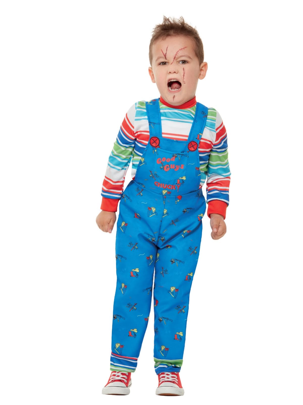 Smiffys Chucky Costume - Kids Blue Striped Top and Printed Dungarees