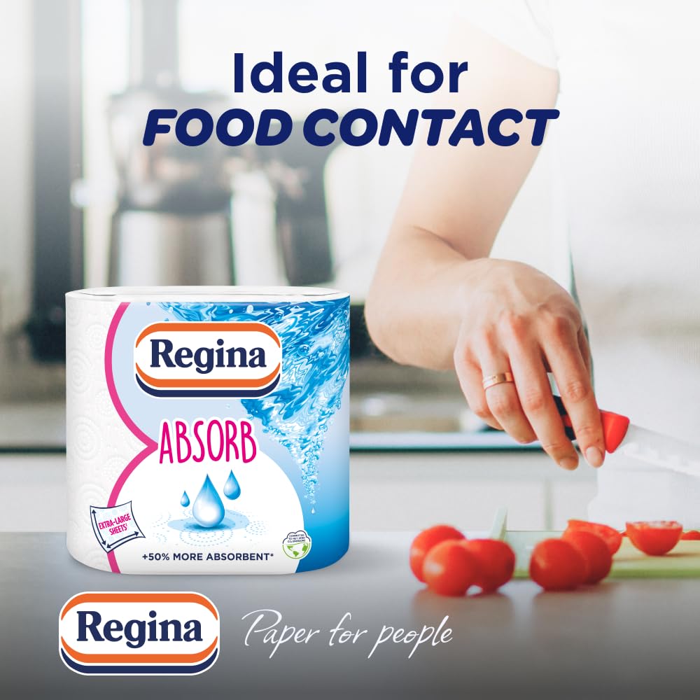 Regina Absorb Kitchen Towels – 2 Rolls, Super Absorbent 2-Ply, Extra-Large Sheets for Cleaning & Food Contact