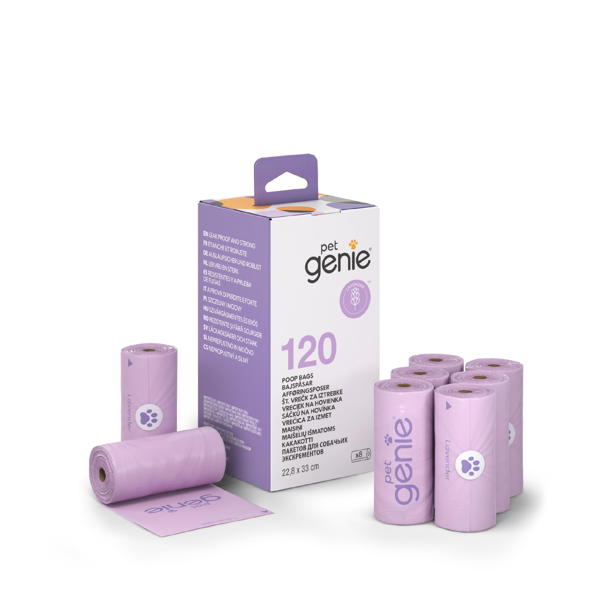 Pet Genie Dog Poo Bags - 120 Count Lavender Scented Rolls | Leakproof & Thick | 8 Rolls Pack