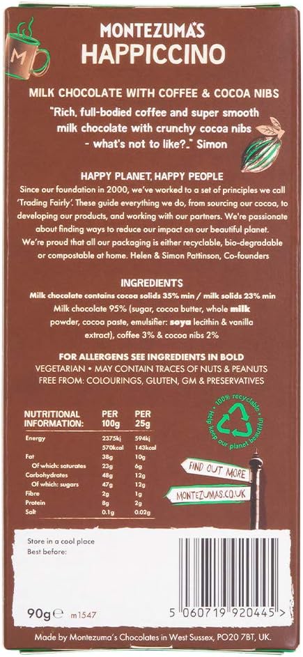 Montezuma's Happiccino, 35% Cocoa, Milk Chocolate With Coffee & Cocoa Nibs, Glut 6