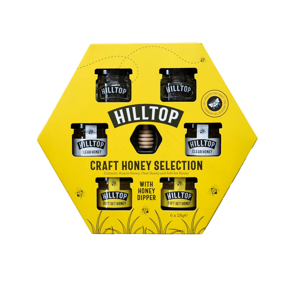 Hilltop Craft Honey Selection Box | 6 x 28g Jars with Wooden Honey Dipper