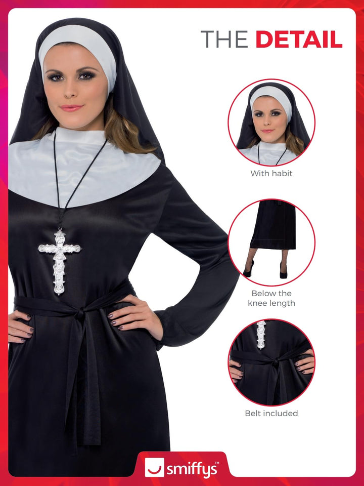 Smiffys Women's Nun Costume - Dress, Belt & Headdress, Size 12-14