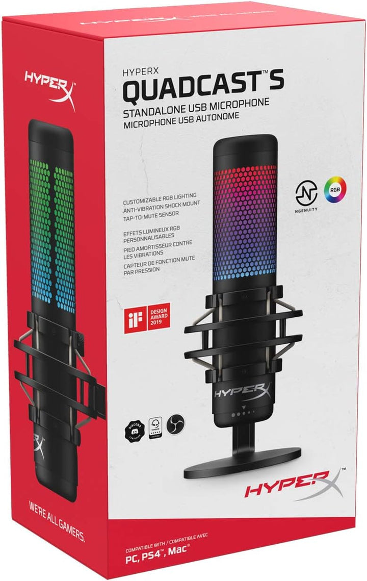 HyperX QuadCast S – RGB USB Condenser Microphone for PC, PS4, and Mac with Anti-Vibration Shock Mount, Built-in Pop Filter, and Customizable RGB Lighting