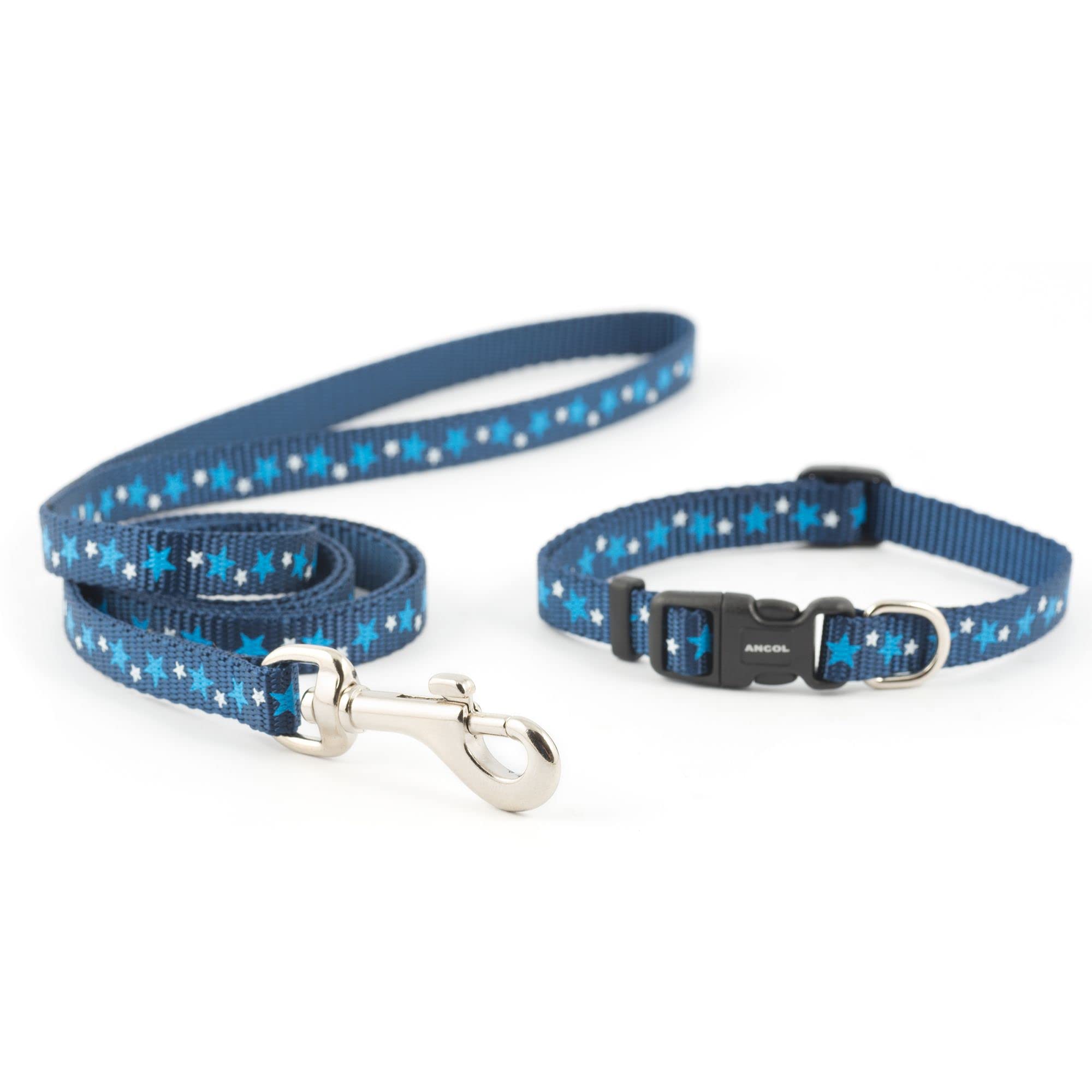 Ancol Small Bite Stars Collar & Lead Set Blue | Adjustable 20-30cm Collar | 1m Lead