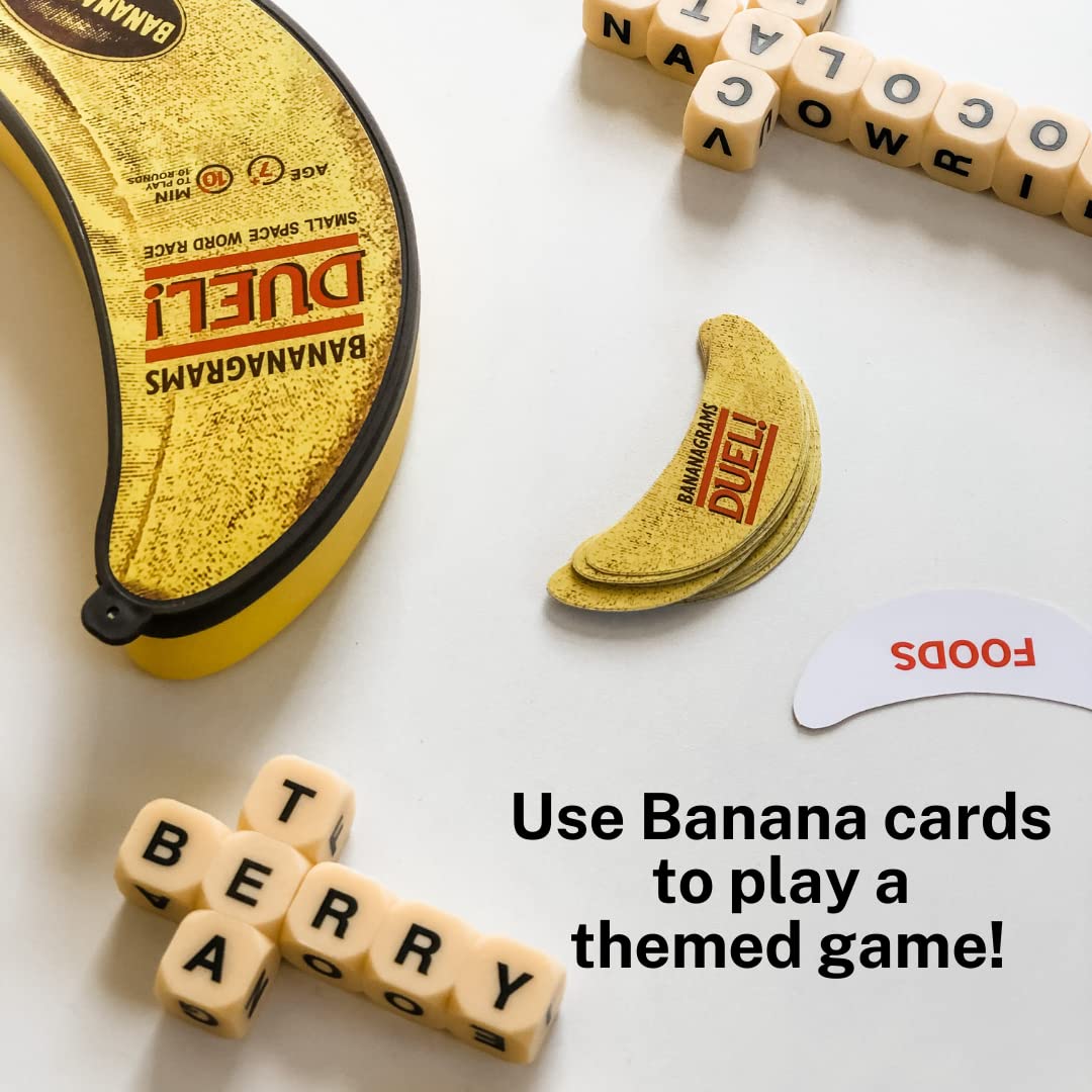 BANANAGRAMS Duel Word Game for Two Players with 24 Letter Dice and Banana-Themed Challenge Cards