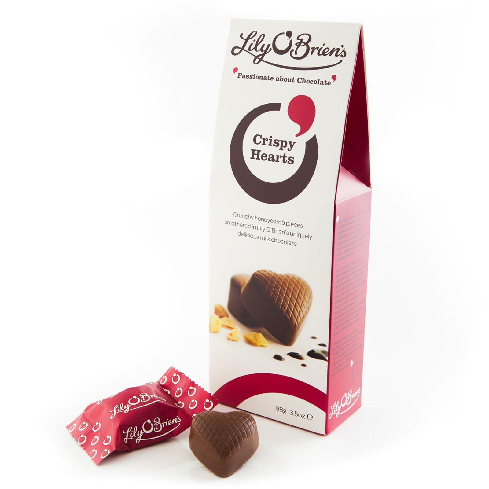 Lily O'Brien's Honeycomb Crispy Hearts Pouch 98g - Festive Milk Chocolate with Crunchy Centre