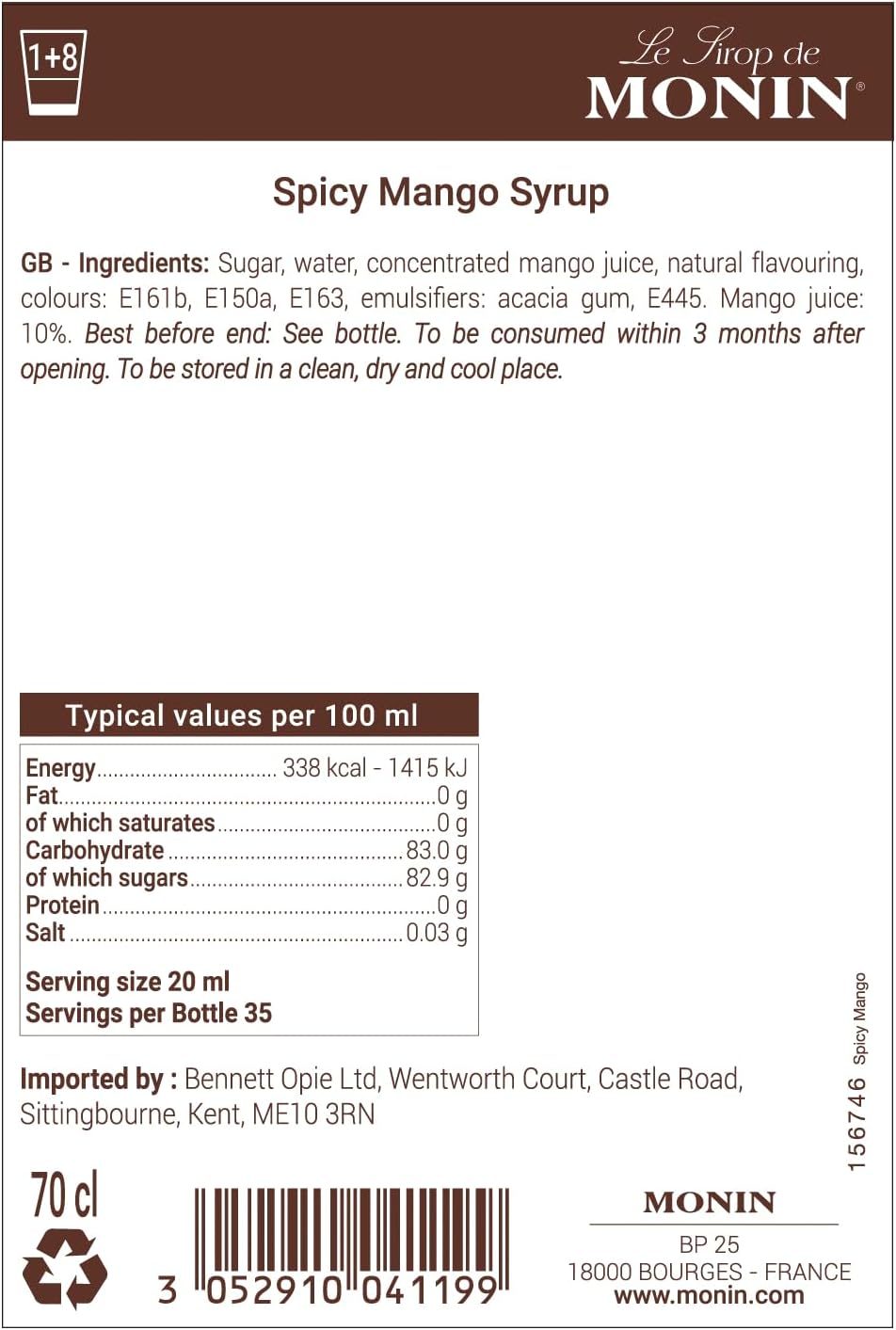 MONIN Spicy Mango Syrup 700ml - Vegan, Halal, Kosher - Cocktail & Mocktail Ingredient