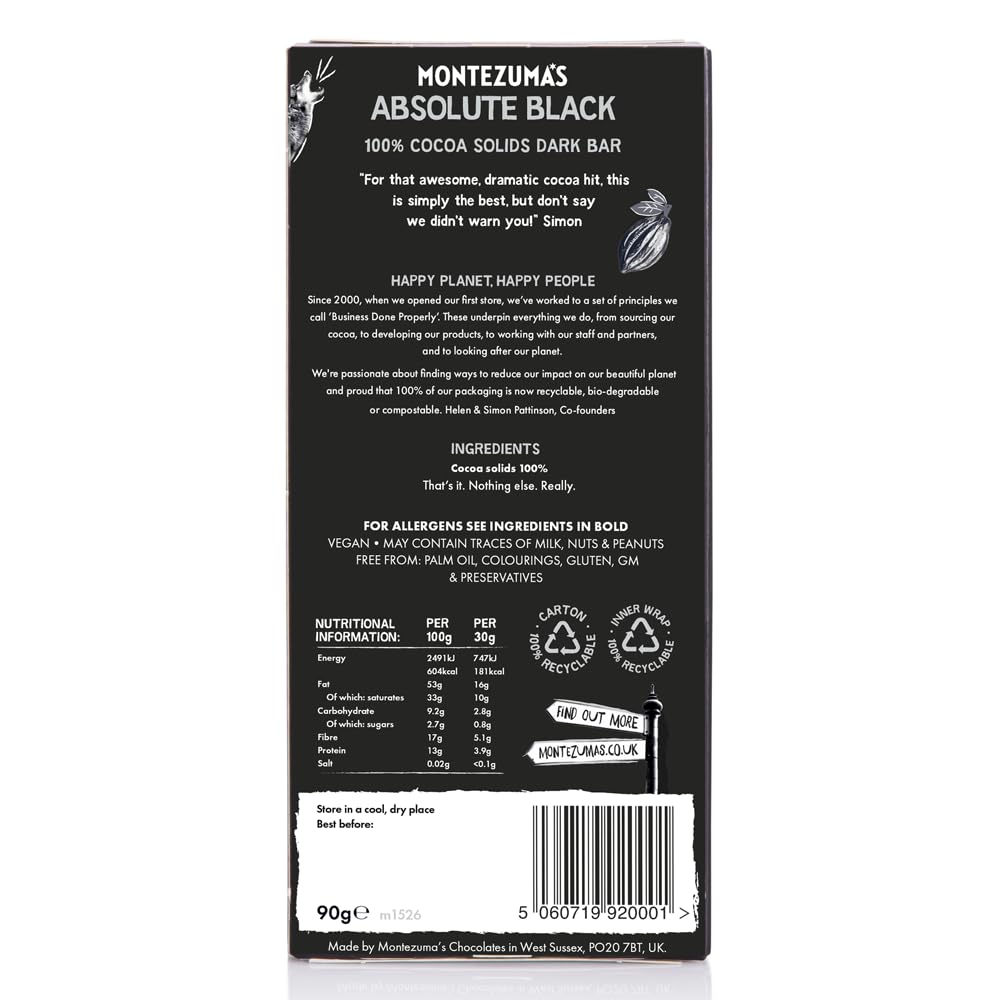 Montezuma - Absolute Black 100% Cocoa Dark Chocolate Bar, Vegan & Gluten-Free