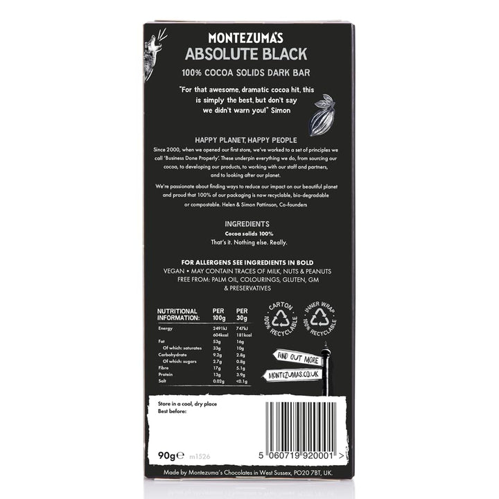 Montezuma - Absolute Black 100% Cocoa Dark Chocolate Bar, Vegan & Gluten-Free