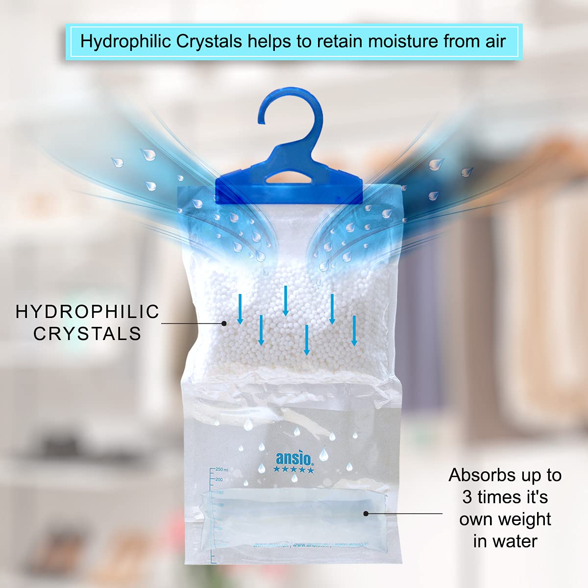ANSIO Wardrobe Dehumidifier Disposable Hanging Bags - Pack of 6 | Removes Damp & Condensation 3